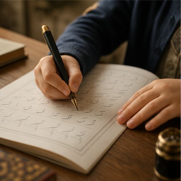 طفلٌ يتدرّب على الكتابة العربية في كراسة