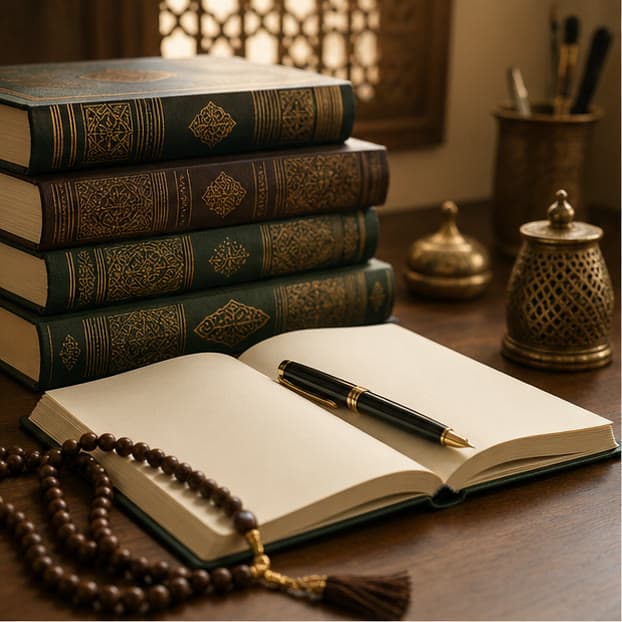 كتبٌ في العلوم الإسلامية ودفترٌ مفتوح على مكتبٍ خشبي دافئ