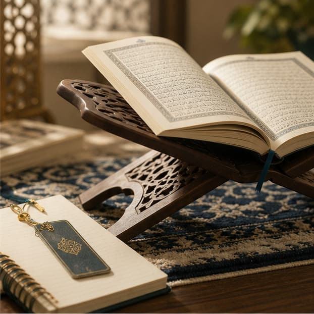 مصحفٌ مفتوح على حاملٍ خشبي منحوت